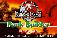 Jurassic Park III Park Builder title screen for GameBoy Advance